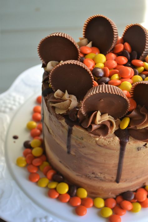 Chocolate Peanut Butter Cake with Reese's Pieces Reeces Pieces Cake Birthdays, Reece’s Pieces Cake, Chocolate Peanut Butter Birthday Cake, Reeses Cake Ideas, Chocolate Reeses Cake, Reese Pieces Cake, Reece’s Cake, Reese’s Pieces Cake, Reese’s Cake