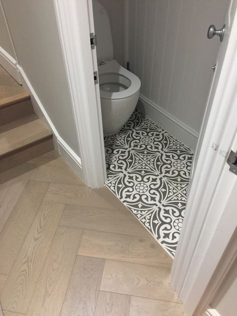 Downstairs Toilet Patterned Floor Tiles, Cloakroom Floor Tiles, Small Toilet Floor Tiles, Downstairs Toilet Floor Tiles, Small Utility With Toilet, Utility Flooring Ideas, Small Cloakroom Toilet Downstairs Loo, Cottage Toilet, Toilet Flooring