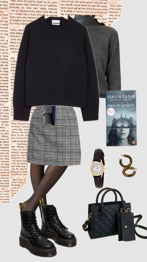 Fall dark academia outfit inspo #outfitinspo #books #darkacademia Doc Martens Skirt, Dark Academia Skirt Outfit, Plaid Mini Skirt Outfit, Fall Dark Academia, Dark Academia Skirt, Dark Academia Outfit, Miniskirt Outfits, Sheer Tights, Plaid Mini Skirt