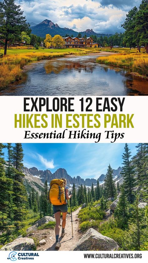 A serene mountain landscape with a lodge by a river and a hiker trekking through alpine trails, capturing the essence of Explore 12 Easy Hikes in Estes Park: Essential Hiking Tips. Estes Park Hikes, Hiking Bucket List, Hiking Dog, Trail Dog, Estes Park Colorado, Hiking Dogs, Hiking Tips, Estes Park, Rocky Mountain National