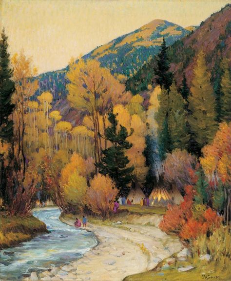 Joseph Henry Sharp - Apache Camp in Hondo Cañon, New Mexico (1920) Joseph Henry Sharp, Southwest Artwork, Taos Art, 1920 Art, Cincinnati Art, Tree Paintings, Fairy Statues, Southwestern Art, Western Paintings