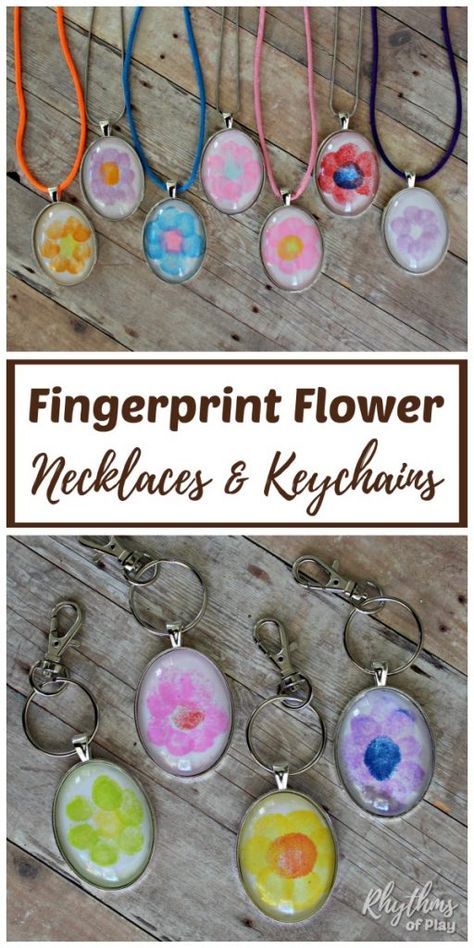 Fingerprint Flower Necklace & Keychain - Use this simple jewelry tutorial to make a one of a kind gift for your family, friends, or teachers. This keepsake is sure to be treasured! | #RhythmsOfPlay #JewelryTutorial #HowTo #NecklaceTutorial #KeychainTutorial #GiftIdea #MothersDay Jewelry Making Tutorial, Keepsake Crafts, Flower Keychain, Jewerly Making, Easy Flower, May Day, Favorite Teacher, Necklace Pendants, Jewelry Making Tutorials