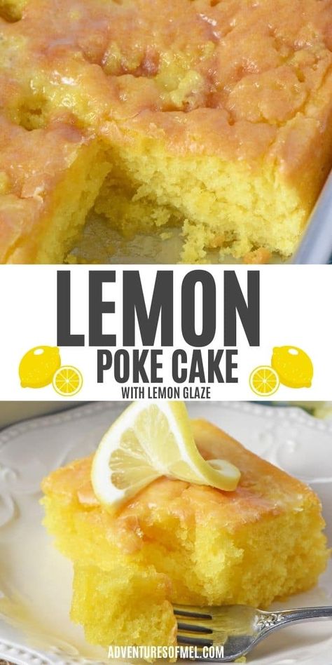 Let's make Grandma's favorite lemon poke cake with lemon glaze, using a cake mix. This easy recipe makes a fluffy cake with a simple lemony icing drizzled on top. It's a luscious lemony dessert everyone will love. Lemon Pudding Poke Cake Recipe, Lemon Cake With Glaze Icing, How To Make Lemon Box Cake Better, Lemon Cake With Condensed Milk, Condensed Milk Lemon Cake, Lemon Cake With Lemon Glaze, Dessert With Lemon Pudding, Yellow Box Cake Mix Recipes Instant Pudding, Triple Lemon Poke Cake