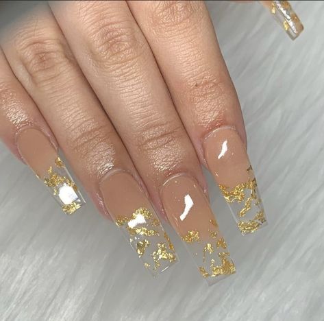 Fall Clear Nails, Clear Nails With Gold, Diamond Pink Nails, Gold Tip Nails, Metallic Nails Design, Clear Acrylic Nails, Plain Nails, Red Acrylic Nails, Vibrant Nails