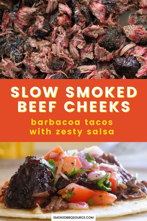 Slow smoked beef cheeks shredded and served on tacos topped with fresh, zesty salsa. A delicious reward for the time spent slow cooking. Beef Cheek Tacos Recipe, Smoked Tacos, Taco Meals, Beef Cheeks Recipe, Brisket Rub Recipe, Barbacoa Tacos, Leftover Pulled Pork, Taco Meal, Grilling Station