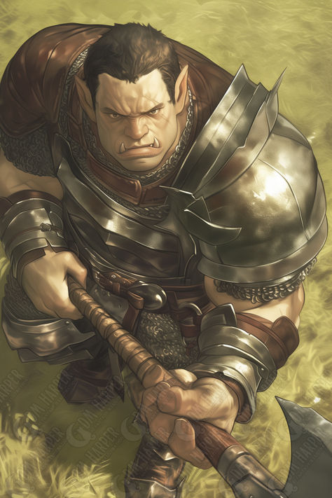 Dnd Harpers, Crossbow Character Design, Half Orc Bard, Dnd Soldier Character Art, Half Orc, Half Orc Fighter, Ancestry Art, Half Orc Barbarian, Barbarian Dnd