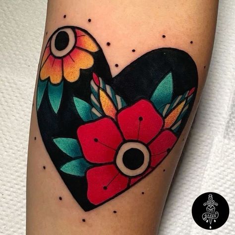 Traditional Tattoo With Name, I Heart Mom Tattoo, Pastel Traditional Tattoo, American Traditional Sleeve Woman, Traditional Feminine Tattoos, Tattoos With Hearts, Traditional Style Tattoo For Women, Traditional Flash Tattoo Ideas, Snowglobe Tattoo