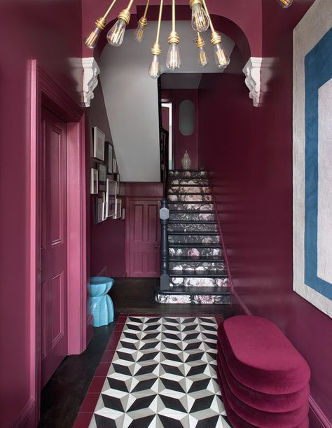 Color Crush: Bring The Drama With Sugared Plum - House & Home Hallway Wallpaper Ideas, Painted Staircases, Hallway Wallpaper, Feminine Decor, Victorian Townhouse, Hallway Flooring, Casa Container, Hallway Ideas Entrance Interior Design, Hallway Ideas Colour