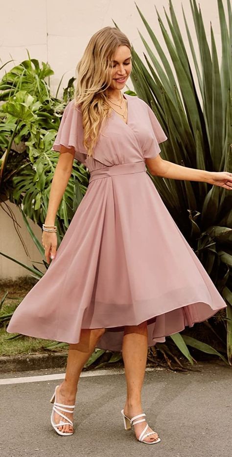 Dusky pink a line skirt midi dress Wedding Guest Dresses Amazon, Dress Cape Sleeve, Dusky Pink Dress, Elegant Chiffon Dress, A Line Skirt Midi, Pink Chiffon Dress, Dress Cape, A Line Cocktail Dress, Wedding Guest Style