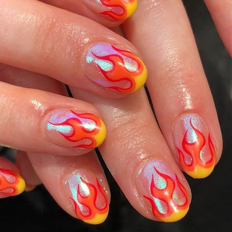 Nails by @anouskaanastasia 🔥🔥🔥 Flames are one of our most popular designs at the mo! It takes 1.15 hours for flames with clear glitter base… Shirt Nail Design Ideas, Men Nails, Flame Nail Art, Nail Design Glitter, Sister Crafts, Mani Ideas, Mens Nails, Nagellack Trends, Fantasy Nails