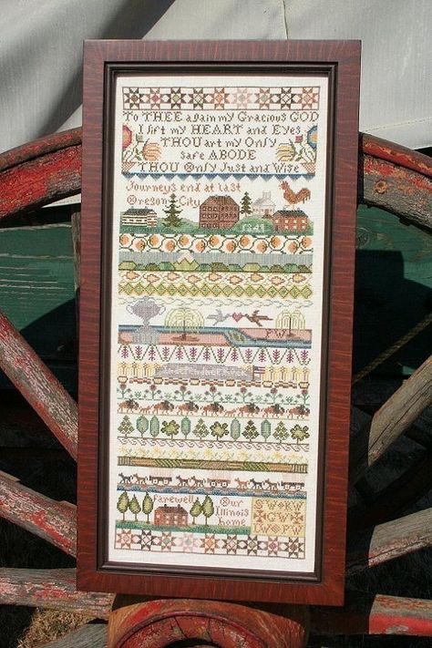 On the Oregon Trail : Cross Stitch Pattern by Heartstring Samplery Heartstring Samplery, The Oregon Trail, Antique Samplers, Oregon Trail, Heart Strings, Their Story, Cross Stitch Samplers, Model Train Layouts, Train Layouts