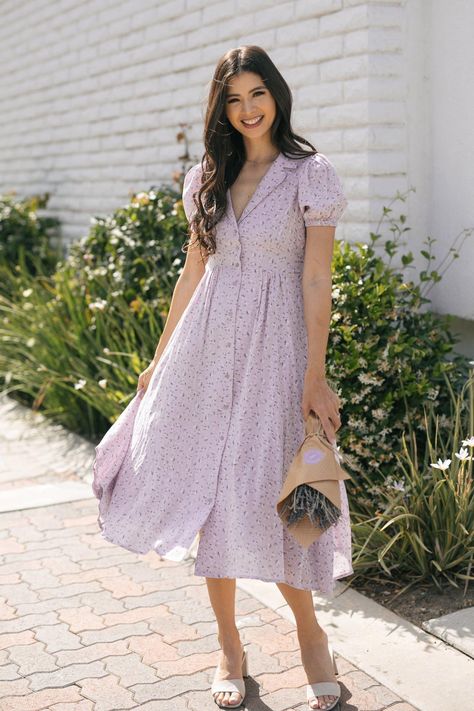 Lavender Dress Casual, Formal Floral Dress, Sequin Babydoll Dress, Cottage Core Dresses, Short Puffy Sleeves, Casual Chic Spring, Dusty Lavender, Cute Floral Dresses, Floral Dress Formal