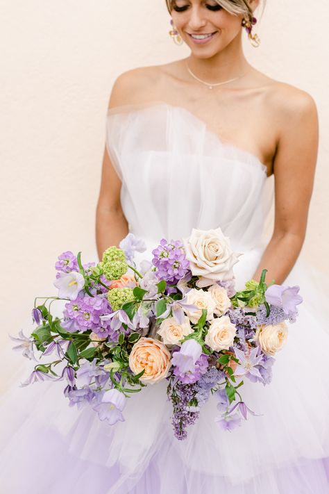 Romance in a Roman garden in the South of France with an exquisite display of flowers | Antibes Wedding Inspiration Lavender And Peach Wedding, Bridesmaid Dresses Lavender, Lilac Wedding Dress, June Wedding Colors, Mauve Bridesmaid Dresses, Lavender And Peach, Peach Wedding Colors, Peach Wedding Bouquet, Lavender Wedding Invitations