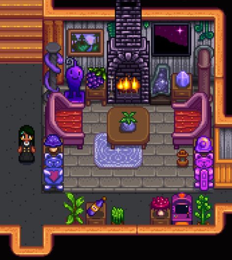 Stardew Valley House Interior Goth, Dark Stardew Valley House, Stardew Krobus Room, Stardew Valley House Interior Witchy, Star Dew Valley House, Goth Stardew Valley House, Stardew Room Ideas, Stardew Valley Nursery, Stardew House Design