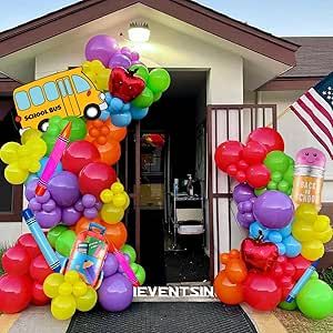 Back to School Balloons Back To School Balloons, Kindergarten Graduation Decorations, School Balloons, Rainbow Balloon Arch, Classroom Kindergarten, Apple School, Balloons Arch, Rainbow Balloons, Kindergarten Graduation