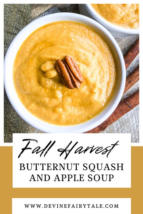 It's soup season! This Butternut Squash and Apple Soup is the ultimate fall comfort food and the spice combination is a showstopper. Apple Butternut Squash Soup, Butternut Squash Soup Crockpot, Grilled Butternut Squash, Squash And Apple Soup, Squash Apple Soup, Butternut Squash Apple Soup, Bisque Soup Recipes, Vegan Butternut Squash Soup, Healthy Butternut Squash