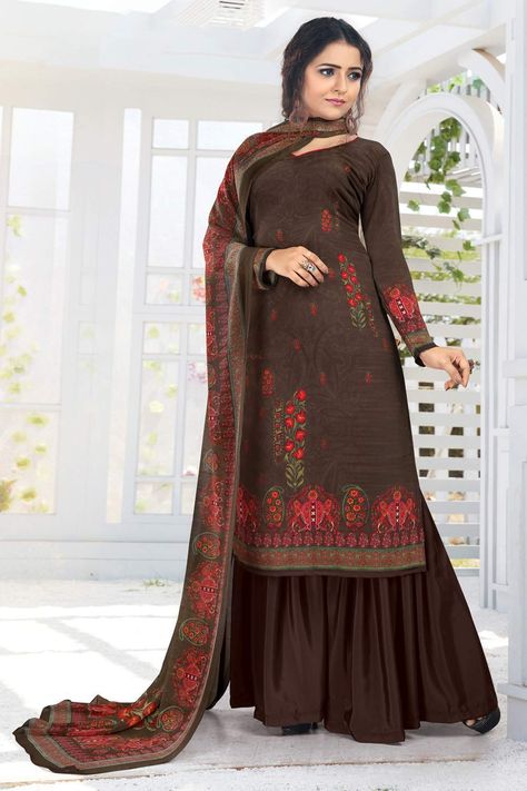 Grab This Pretty Digital Printed Dress Material In Fine Desty Color. Its Top And Bottom Are Fabricated On French Crepe Paired With Georgette Fabricated Dupatta. Get This Stitched As Per Your Desired Fit And Comfort. Product Features:   Top Color: Brown Bottom Color: Brown Dupatta Color: Brown Top Fabric: Crepe Bottom Fabric: French Crepe Dupatta Fabric: Georgette Work: Printed Customised Upto: 42 Inch Wash: Dry Clean Occasion: Casual Disclaimer: There will be slight difference in digital to actu Brown Sharara Suit, Brown Sharara, Plazzo Suits, Diwali Dresses, Latest Salwar Kameez, Georgette Dupatta, Eid Outfits, Salwar Suits Online, Palazzo Suit