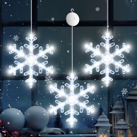 LYUBASA 3Pcs Christmas Window Lights Decorations, Battery Powered Christmas Window Hanging White Lighted Snowflake Shaped LED Sucker Lamp Window Indoor Outdoor Decor Window Silhouette, Fireplace Windows, Window Lights, Christmas Window Lights, Lights Decorations, Roof Edge, Christmas Window Decorations, Snowflake Shape, Silhouette Christmas