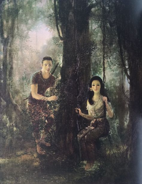 "Phra Wai courting the ghost of Wanthong in disguise as a beautiful lady", oil on canvas, 1974, by a Thai national artist Chakrabhand Posayakrit Chakrabhand Posayakrit, Tree Silhouette Tattoo, Thai Painting, Bonsai Tree Tattoos, Sweets Art, Family Tree Photo, Illustration Fantasy, Fantasy Tree, Thailand Art