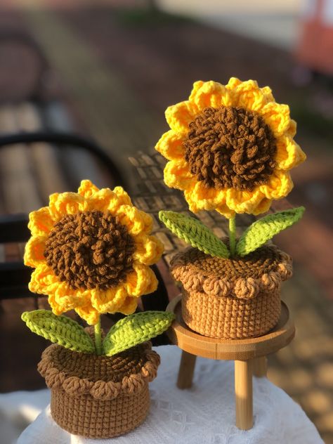 Crochet Potted Sunflower Mini Knitting Sunflower With Flower Vase Yarn Sunflower Crochet Blossom Potted Sunflower Home Decor Gift for Friend - Etsy Sunflower Pot Crochet, Sunflower Crochet Ideas, Crochet Gift Ideas For Friends, Yarn Sunflower, Crochet Blossom, Crochet Sunflowers, Mini Knitting, Potted Sunflowers, Sunflower Aesthetic