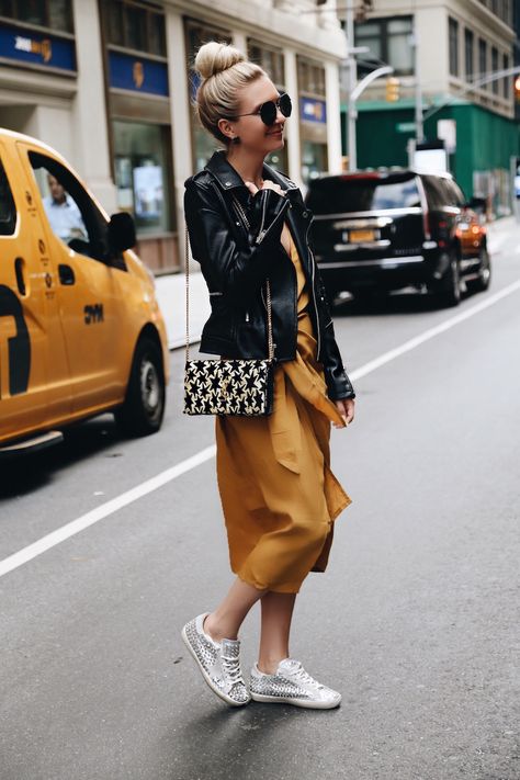 A Mustard Dress For NYFW Mustard Top Outfit, Mustard Dress Outfit, Mustard Outfits, Yellow Dress Outfit, Maxi Dress Outfit Fall, Edgy Fashion Chic, Mustard Dress, Mustard Yellow Dresses, Color Outfits