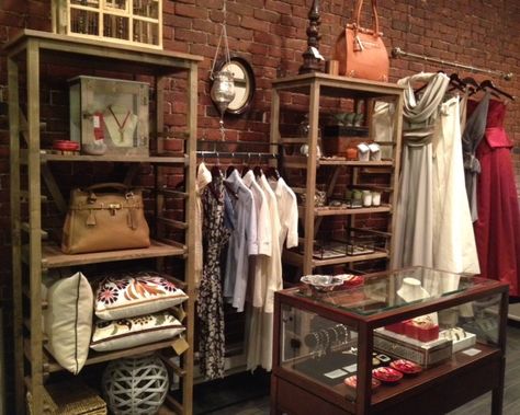 Channeling reclaimed boutique display Boutique Displays, Brick Interior Wall, Boutique Inspiration, Wall Interior, Boutique Display, Clothing Displays, Resale Store, Boutique Decor, Second Hand Shop