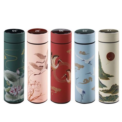 Chinese Painting Style, Personalized Flask, Tea Flask, Gold Kitchen Accessories, Trendy Water Bottles, Steel Thermos, Water Bottle Stainless Steel, Luxury Packaging Design, Bottle Design Packaging