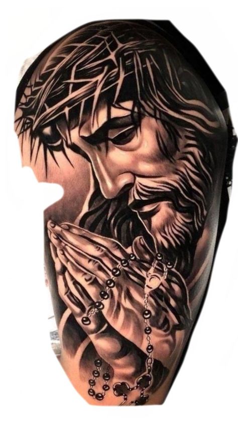 Jesus Praying Tattoo, Tattoo Designs Men Hand, Jesus Face Tattoo Design, Tattoo Jesus Cristo, Jesus Tattoo Sleeve, Praying Hands Tattoo Design, Christus Tattoo, Religion Tattoos, Jesus Christ Tattoo