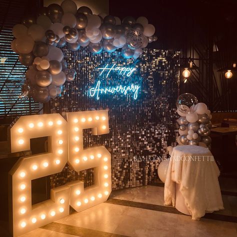 Transform your event into a dazzling affair with our exquisite Silver Sequence Backdrop! ✨ Whether it's a birthday, anniversary or cocktail parties, our shimmering backdrop adds the perfect touch of glamour. Book now and let your event sparkle! ✨ Dm for more details @balloonsandconfettii . . . . (Balloon decor, Anniversary celebration, Marque lights Mumbai decor, BalloonsandConfettii, led light Sequence wall, Silver sequence panel) #sequencewallbackdrops #balloondecor #marquelights #si... Sequence Backdrop, Sequence Wall, 25th Anniversary Decorations, Anniversary Decorations, Silver Anniversary, Balloon Decor, Wall Backdrops, Stage Decorations, Cocktail Parties