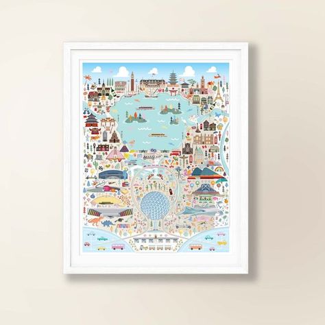 Sizes Available: 11x14, 22x28, 30x40 and 36x48 Illustrated by Will Blaine Made in the USA #areyouonthemap #artprint #disney #Epcot #local #art #themepark #etsy #etsystore #wedding #weddinggift #disneyweddinggift #gift Epcot Map, Whimsical Map, Disney Wall Decor, Casa Disney, Florida Theme Parks, Florida Art, Disney World Magic Kingdom, Whimsical Home, City Map Art