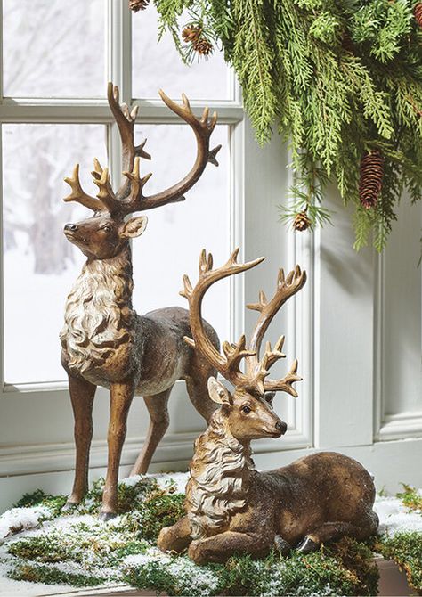 Forest Themed Christmas Decor, Brass Deer Christmas Decor, Christmas Decor With Deer, Decorating With Reindeer For Christmas, Woodland Christmas Trees, Reindeer Centerpieces Table Decorations, Deer Decorations Christmas, Christmas Forest Decor, Winter Forest Christmas Decor