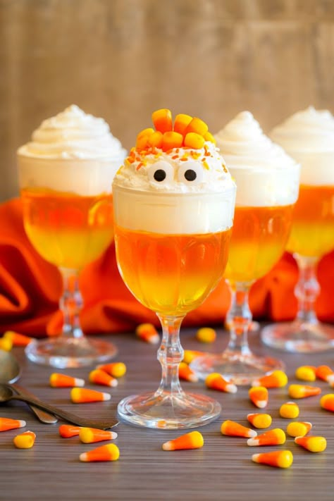 Candy Corn Jello Cups Candy Corn Jello, Party Food Ideas For Adults, Halloween Jello, Jello Cups, Halloween Punch, Halloween Decor Diy, Party Food Ideas, Halloween Candy Corn, Jello Recipes