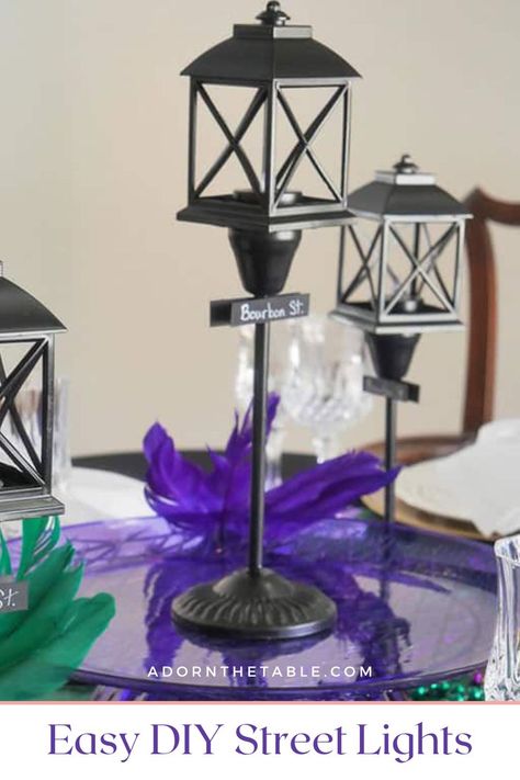 Black streetlight post Nola Party Decorations, New Orleans Party Decor, Mardi Gras Table Centerpiece Ideas, Mardi Gras Centerpieces Diy, Mardi Gras Table Decorations, Diy Mardi Gras Decorations, Mardi Gras Decorations Ideas, Diy Lamp Post, Mardi Gras Tablescape