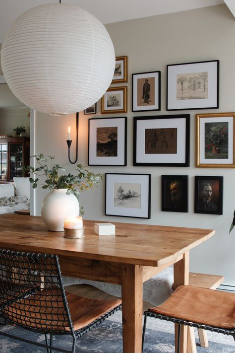 Create a Collected Gallery Wall Look | liannecarey.com Gallery Wall Above Dining Room Buffet, Dining Room Wall Frames Ideas, Enclosed Dining Room Decor, Narrow Long Dining Room, Family Photo Dining Room Wall, Gallery Wall Ideas With Sconces, Organic Modern Dining Room Small, Dining Room Frame Wall, Modern Rustic Gallery Wall