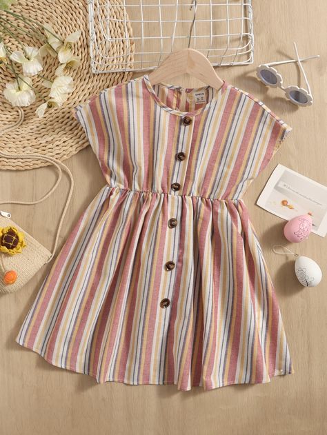 Multicolor Casual  Cap Sleeve Polyester Striped A Line Embellished Non-Stretch Summer Toddler Girls Clothing Striped Fabric Dress, Baby Girl Tops Design, A Line Frock For Kids, Top For Kids Girl, Tops For Girls Casual, Batwing Sleeve Dress, Kids Summer Dresses, Baby Clothes Patterns Sewing, Kids Dress Collection