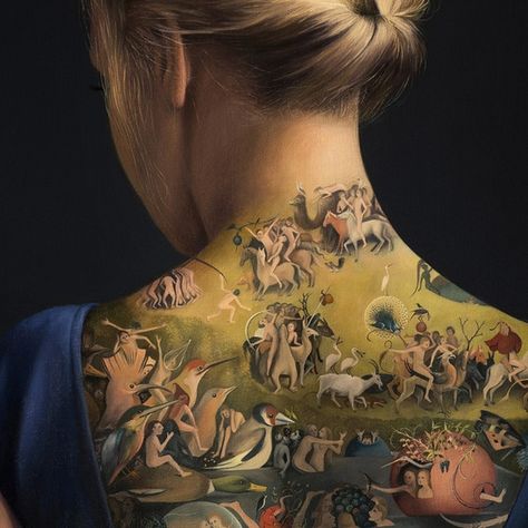 Woman Tattooed With ‘The Garden of Earthly Delights’ Isn’t What It Seems to Be Modern Roller Blinds, Earth Fabric, Blinds For Windows Living Rooms, Blind Art, Sheer Blinds, Patio Blinds, Bathroom Blinds, Modern Blinds, Living Room Blinds