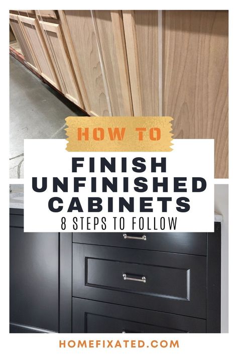 Interested in finishing unfinished cabinets? Learn the tools to use and the steps to take in this DIY and home improvement project. Unfinished Inside Cabinets, Diy Unfinished Cabinets, How To Paint Unfinished Cabinets, How To Paint Unfinished Kitchen Cabinets, Unfinished Cabinets Kitchen Ideas, Staining Unfinished Cabinets, Home Depot Unfinished Cabinets Diy, Unfinished Kitchen Cabinets Ideas, Unfinished Cabinet Ideas