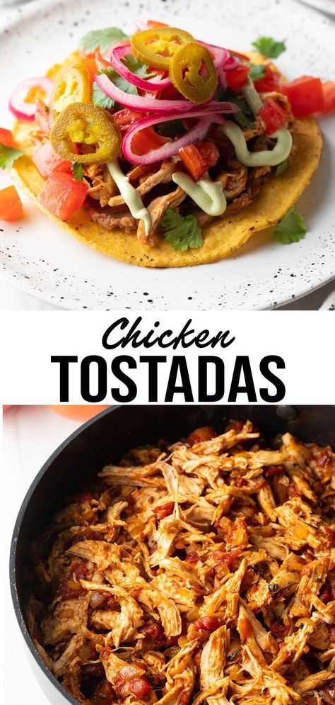 Tinga Chicken, Easy Crock Pot Dinner, Tinga Tostadas, Tostada Shells, Tinga Recipe, Crock Pot Dinner, Chicken Tinga Recipe, Layered Bean Dip, Tostada Recipes