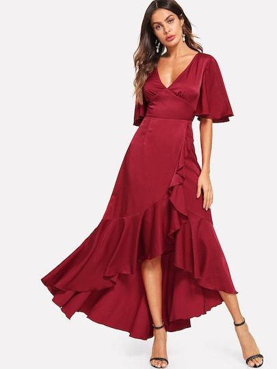 Shop Plunging Neck Flutter Sleeve Wrap Ruffle Hem Dress online. SheIn offers Plunging Neck Flutter Sleeve Wrap Ruffle Hem Dress & more to fit your fashionable needs. Spanish Dresses, Ikkat Dresses, Spanish Dress, Dresses For Pregnant Women, Simple Gowns, Practice Wear, Ruffle Wrap Dress, Plunging Neck, Stylish Blouse Design