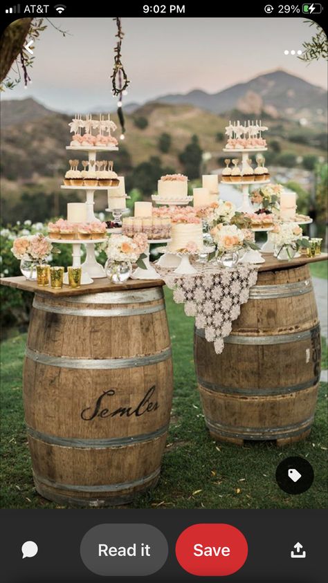 Wine Barrel Wedding Decor, Barrel Wedding Decor, Rustic Wedding Desserts, Wedding Food Table, Wine Barrel Wedding, Wedding Food Display, Plan Board, Box Centerpiece, Barrel Wedding