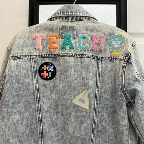 Purchased From Get Your Teach On Collection Og Piece But Never Worn (It Costed A Pretty Penny) Size Small But It’s Stretchy And Kinda Oversize So Fit Medium Or Fitted Large Has Pockets The Patches Were Also From Gyto And Separately Ironed On Teacher Jean Jacket, Jean Jacket With Patches, Jacket With Patches, Jean Jacket Patches, Parties Ideas, Jean Jacket, Penny, Women Shopping, How To Wear