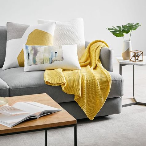 The Top Home Trends for 2019, According to Pinterest - Front + Main West Elm Pillows, Hand Embroidered Pillows, White Pillow Covers, Yellow Abstract, Knit Pillow, Home Trends, Knitted Throws, White Pillows, Frame Wall Decor