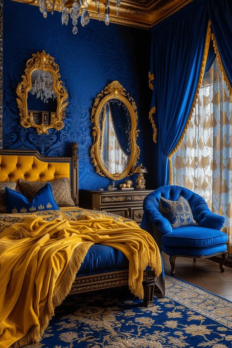 54+ Grown Woman Bedroom Ideas Blue And Gold Bedroom Aesthetic, Bedroom Royal Blue, Gold Bedroom Aesthetic, Royalty Bedroom, Royal Blue Bedroom, Royal Blue Bedding, Bedroom Royal, Royal Blue Bedrooms, Blue And Gold Bedroom