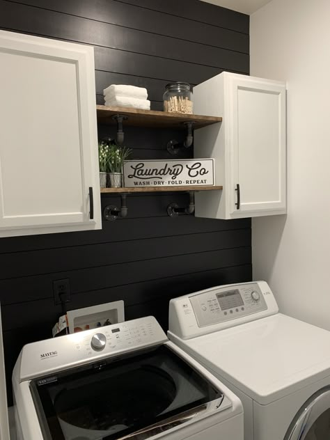 Laundry Room Design With Shiplap, Laundry Room Black Accent Wall, Laundry Room Ideas Shiplap, Black Shiplap Laundry Room, Wall Behind Washer And Dryer Ideas, Laundry Room Ideas With Shiplap, Shiplap Laundry Room Ideas, Laundry Room Shiplap, Shiplap Laundry Room