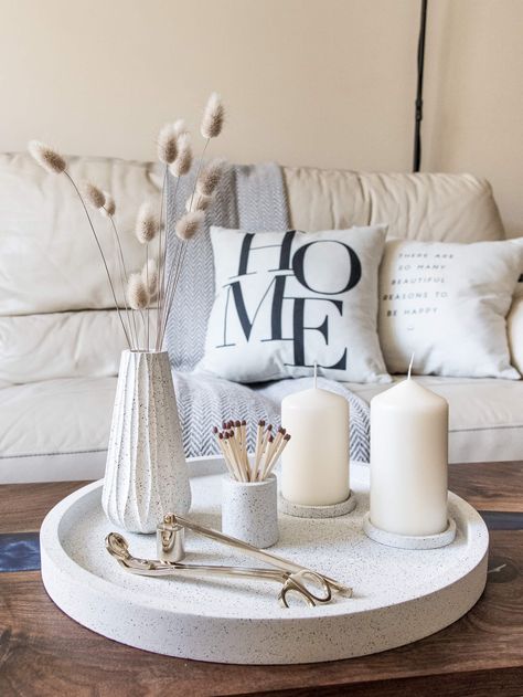 White Tray, Table Centrepiece, White Granite, Candle Tray, Round Tray, Concrete Decor, Candle Accessories, Coffee Table Design, Decorating Coffee Tables