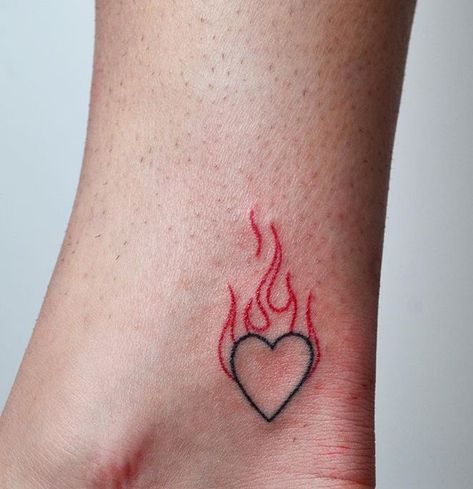 Small Heart With Flames Tattoo, Flaming Heart Tattoo Simple, Flame Tattoos, Fire Tattoo, Bff Tattoos, Red Ink Tattoos, Geometric Elements, Red Tattoos, Stylist Tattoos