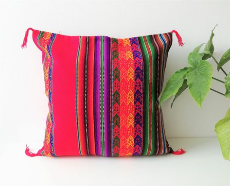 Peruvian Blanket, Peruvian Design, Square Bedroom, Peruvian Pillow, Embroidered Cushion Covers, Peruvian Art, Color Palette Bright, Colourful Cushions, Red Square