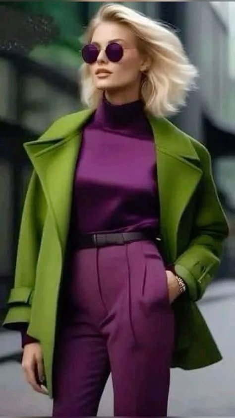 Complimentary Colour Outfit, Lime Punch, Colour Combinations Fashion, Color Combos Outfit, Color Blocking Outfits, Color Combinations For Clothes, Usa Women, Purple Outfits, Purple And Green