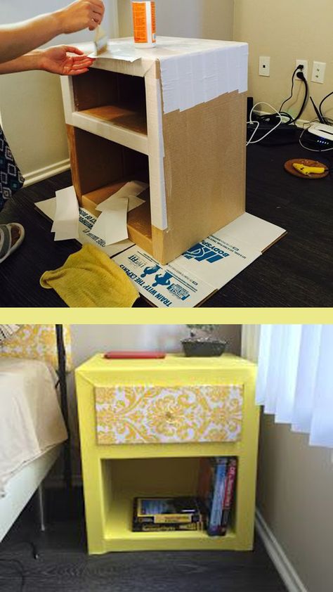 Cardboard Box Nightstand Diy, Cardboard Box Furniture Diy, Diy Decor Cardboard, Cardboard Nightstand Diy, Diy Table Cardboard, Cardboard Side Table Diy, Cardboard Box Shelves Diy, Cardboard Diy Decor, Cardboard Furniture How To Make