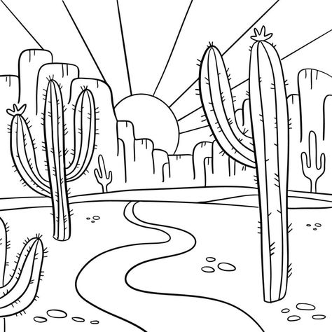 Desert Drawing Easy, Outdoor Coloring Pages, Desert Drawings, Desert Coloring Pages, Desert Sketch, Cuadros Aesthetic, American Drawing, Desert Drawing, Sketch Doodles